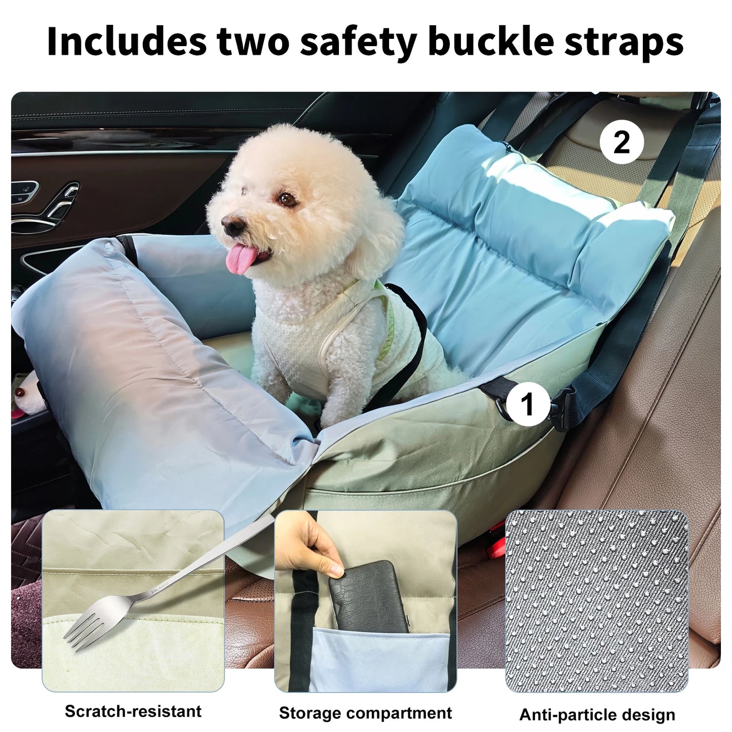 Portable Dog Car Seat Pet Dog Booster Seat Puppy Travel Carrier Bed with Safety Belt Storage Pocket Removable Washable Cover