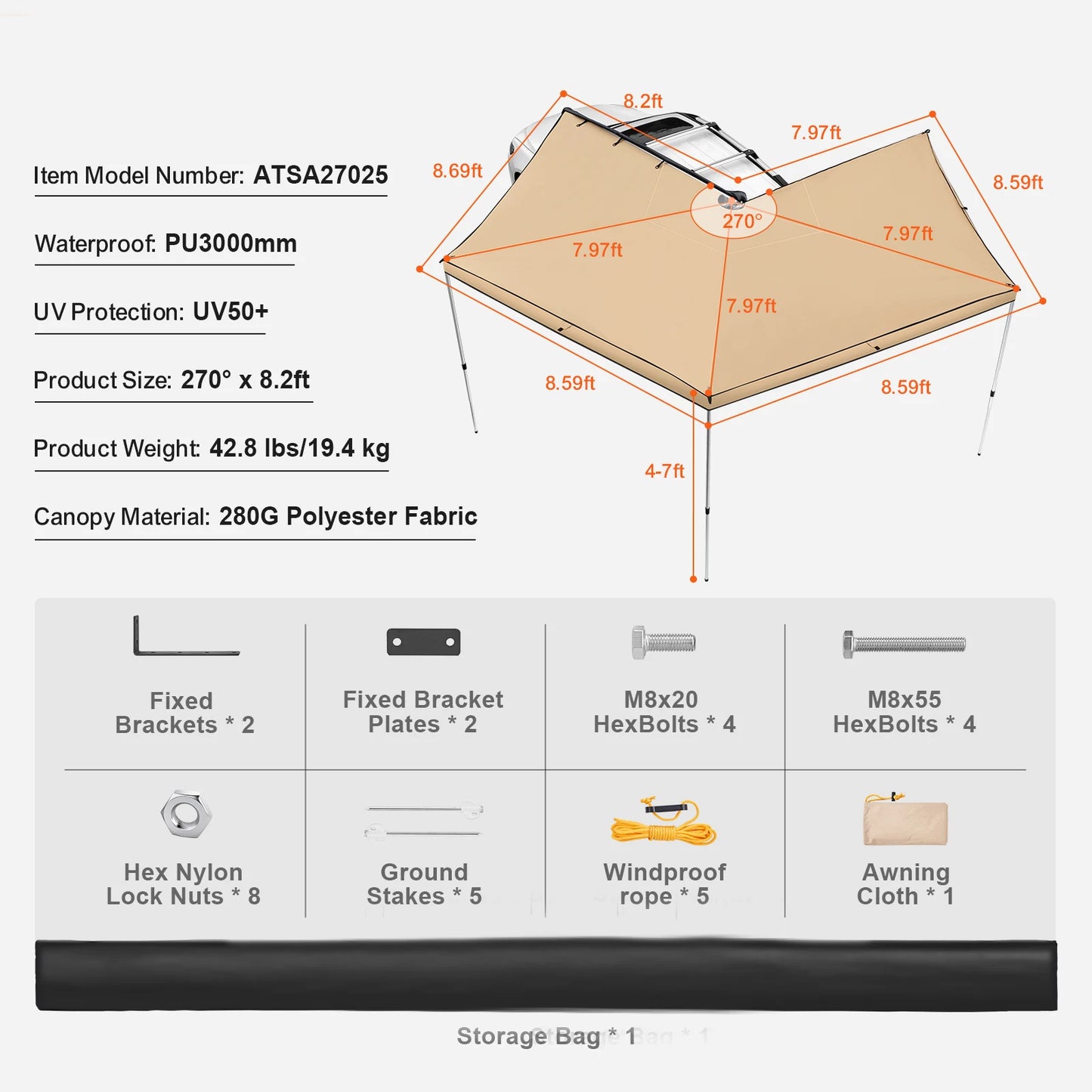 SucceBuy Vehicle Awning Retractable Car Side Shelter Waterproof Storage Bag