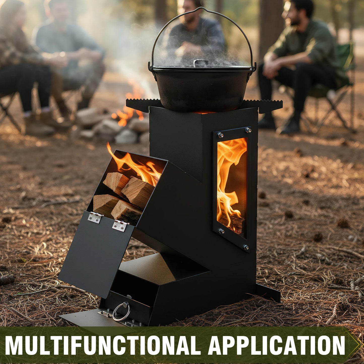 Portable Rocket Stove Glass Door Wood Burning Camp Grill