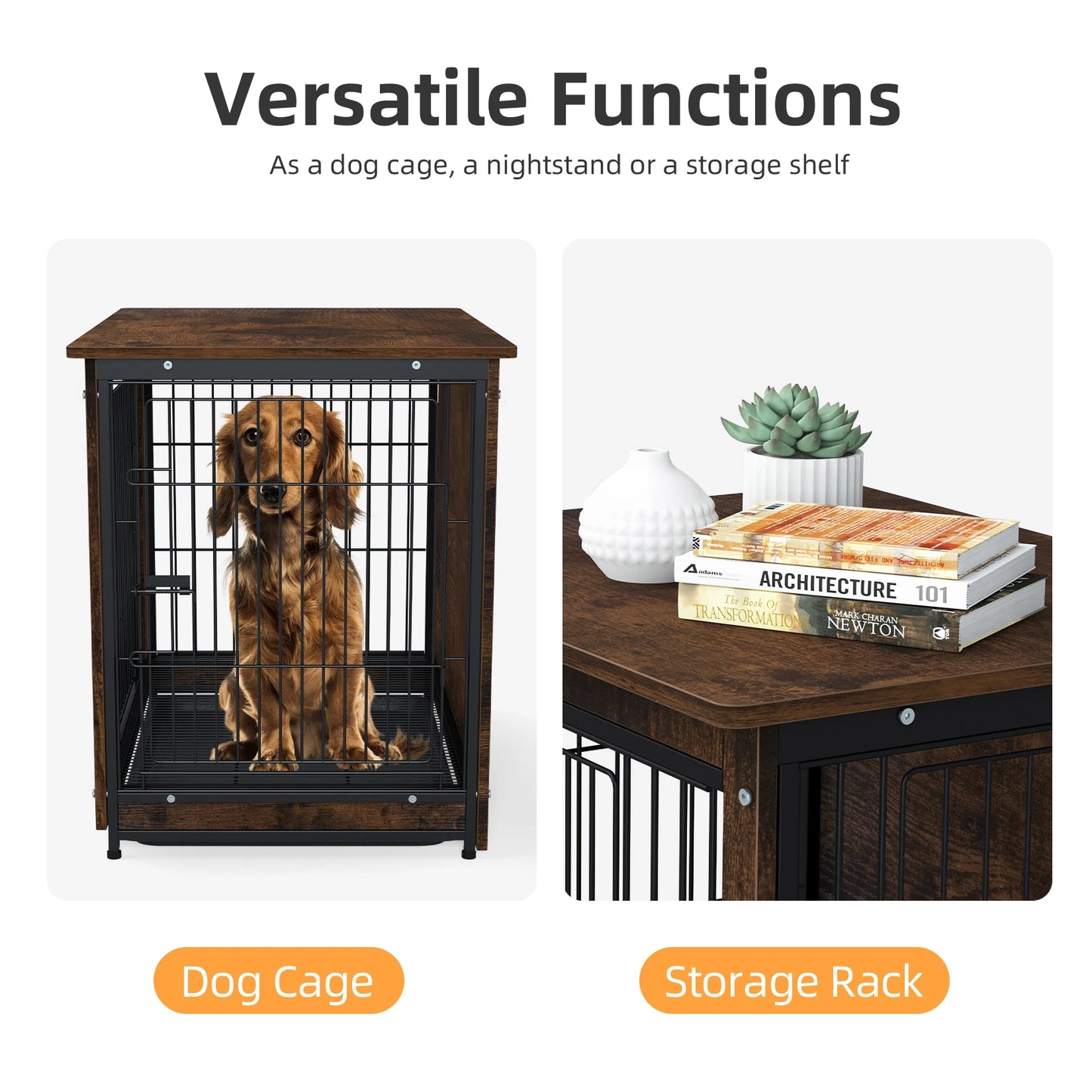 BINGOPAW Wooden Metal Dog Crate End Table With Two Doors