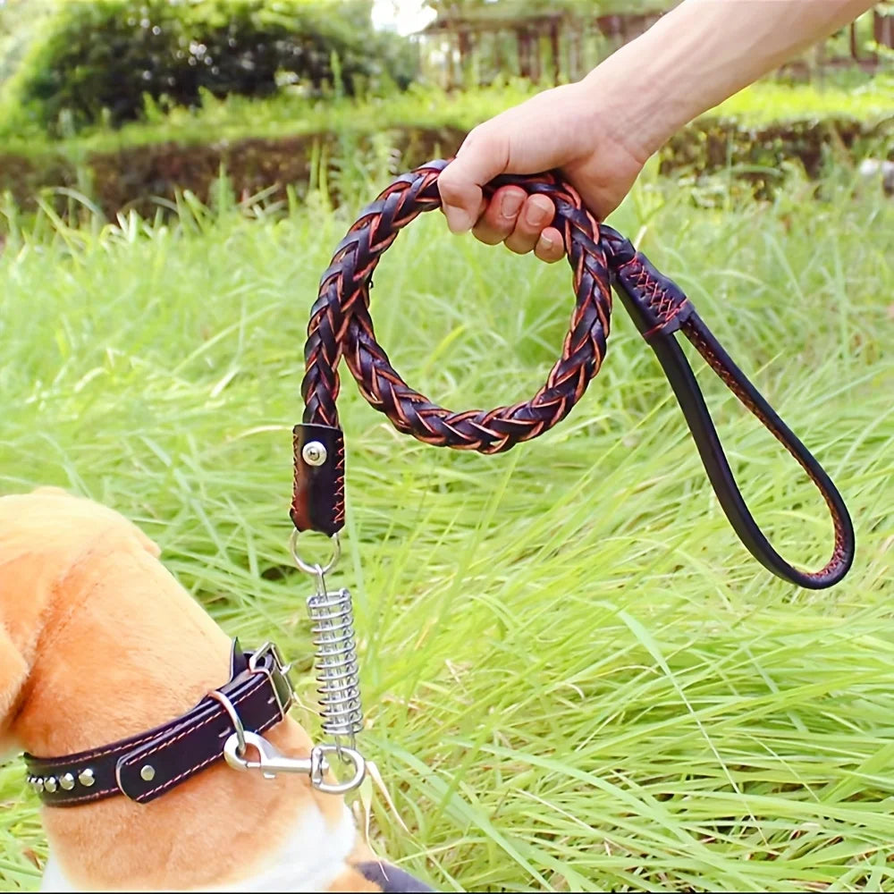 Eight-Strand Genuine Cowhide Braided Dog Leash, Heavy Duty Training Lead
