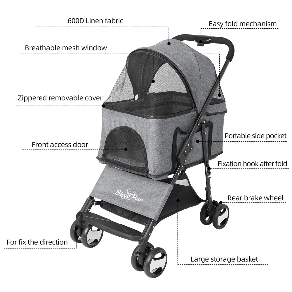Foldable Pet Dog Stroller Carrier With 4 Wheels Rain Cover