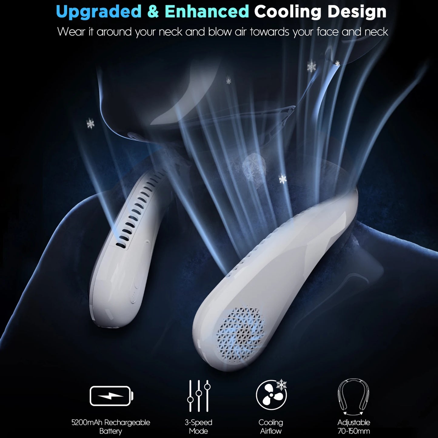 Portable Neck Fan Bladeless USB Rechargeable With 4 Speeds