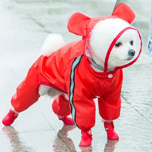 Cute Bear Shape Dog Raincoat With Hat And Reflective Strips