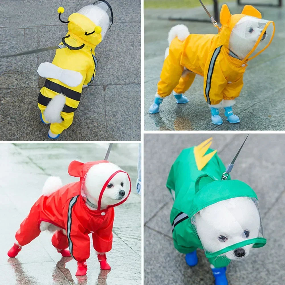 Cute Bear Shape Dog Raincoat With Hat And Reflective Strips