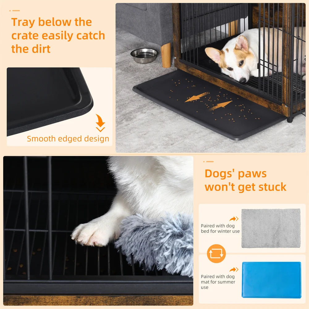 BORWART Elevated Wooden Dog Crate End Table With Double Door Removable Tray
