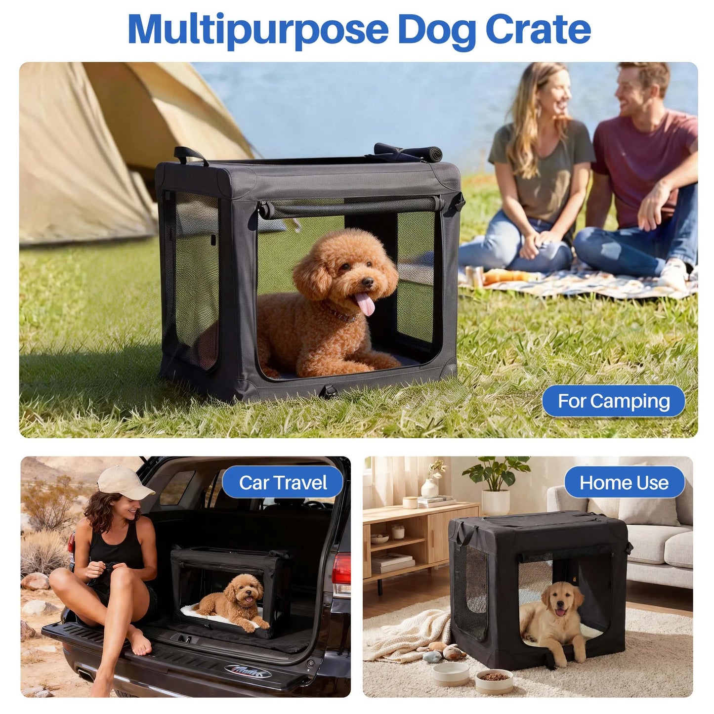 Portable Foldable Dog Crate For Small Dogs, 3 Door Airline