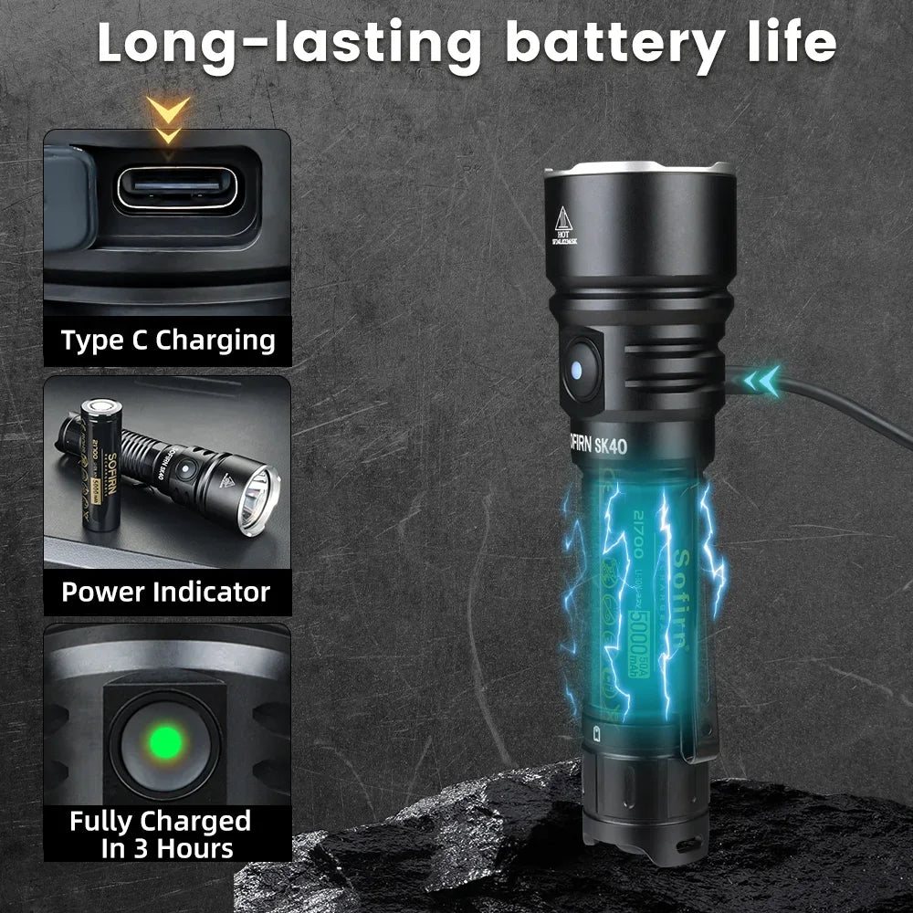 Sofirn SK40 SFT70 LED Flashlight 3200LM 580m Long-Range Spotlight Rechargeable