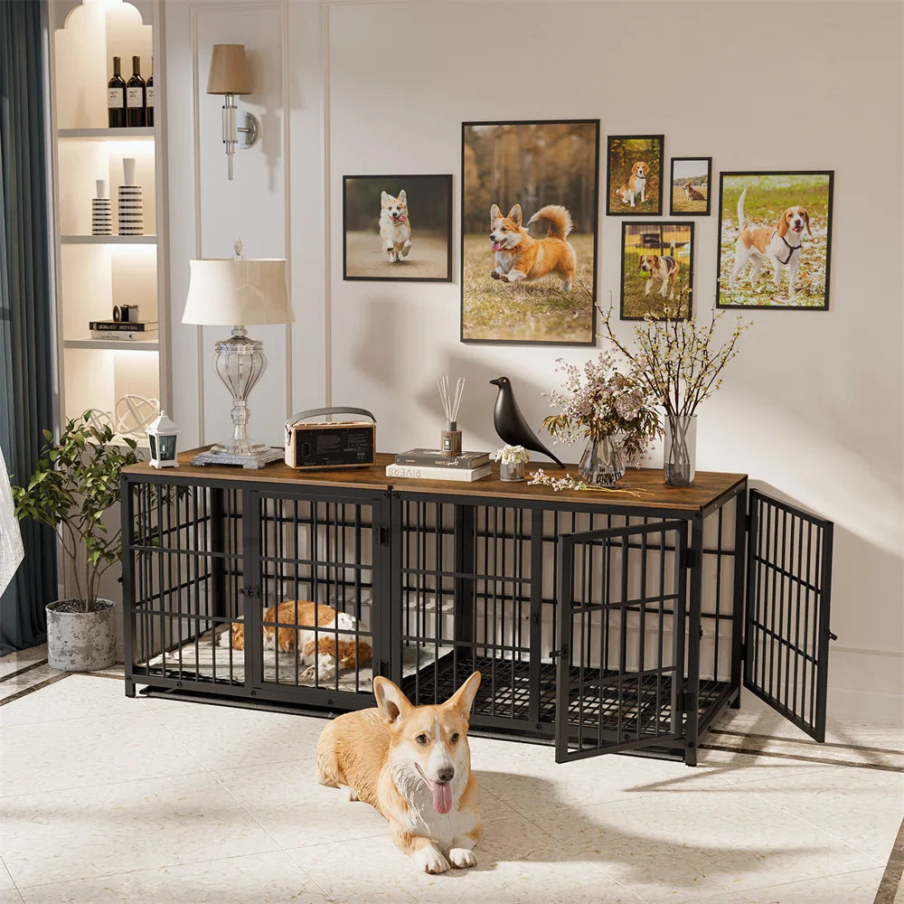 BORWART Wooden Dog Crate Indoor Elevated Kennel End Table With 3 Doors