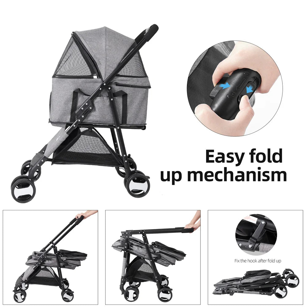 Foldable Pet Dog Stroller Carrier With 4 Wheels Rain Cover