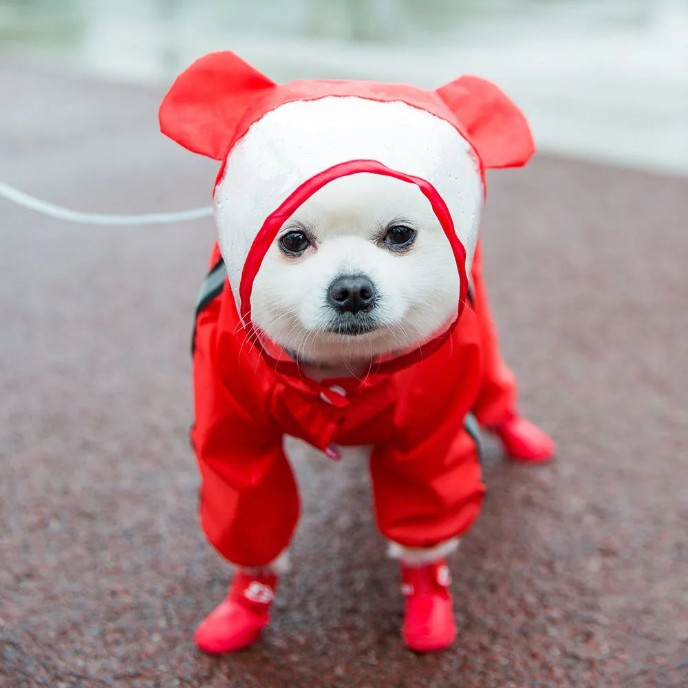 Cute Bear Shape Dog Raincoat With Hat And Reflective Strips