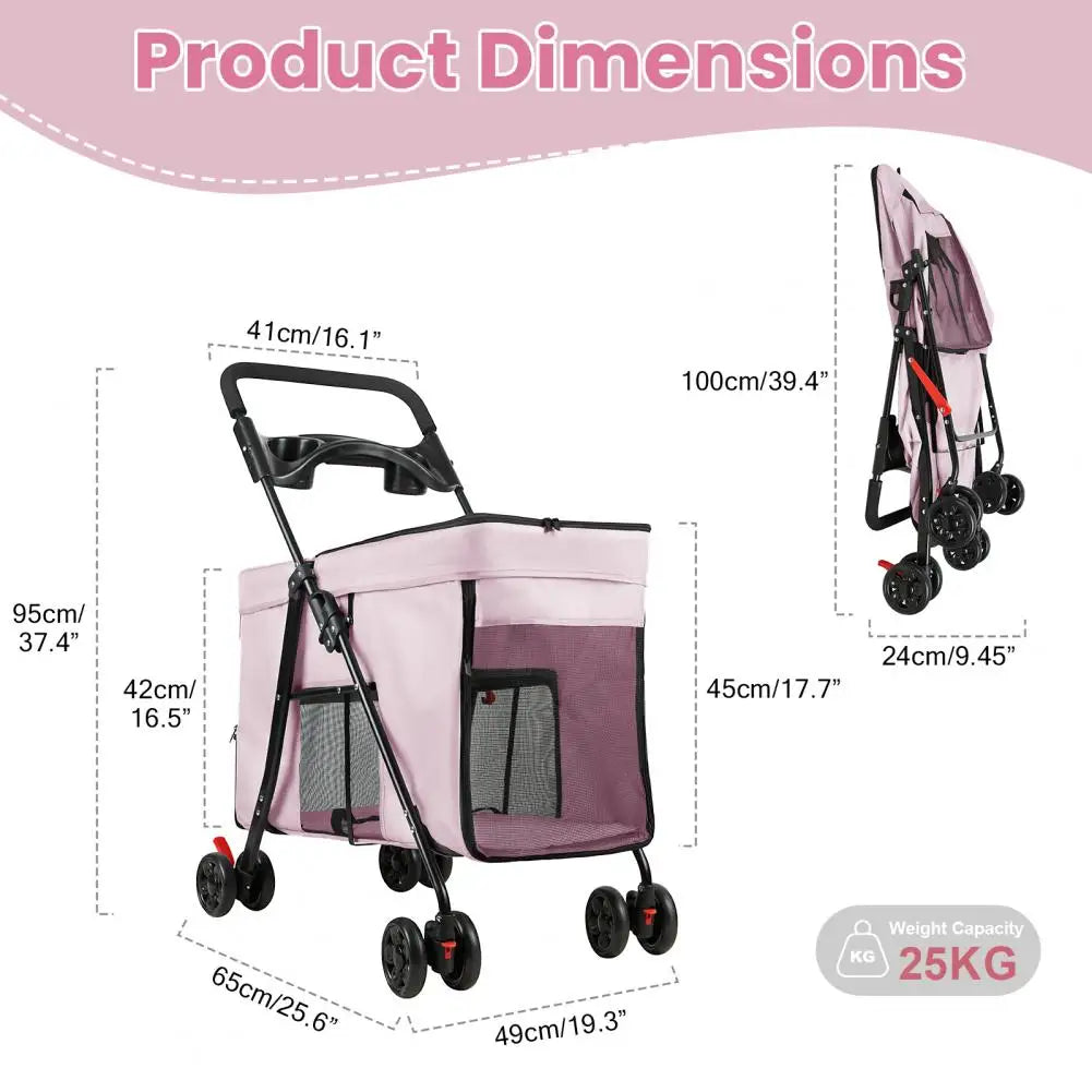 Foldable Dog Stroller With 360 Degree Wheels Five Ventilation Windows