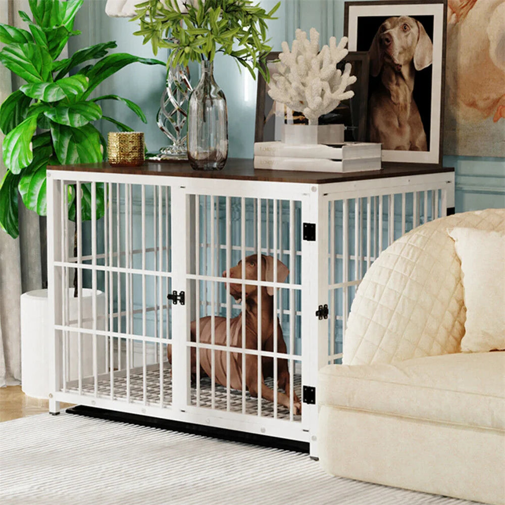 BORWART Wooden Dog Crate Indoor Elevated Kennel End Table With 3 Doors