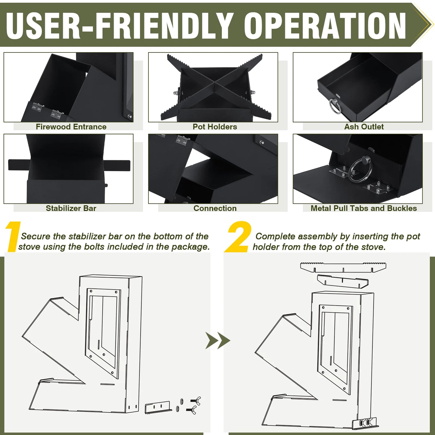 Portable Rocket Stove Glass Door Wood Burning Camp Grill