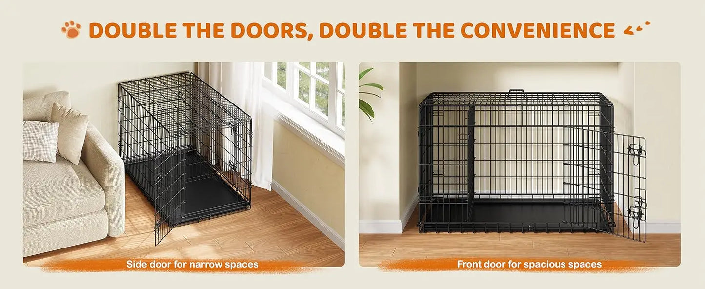 Double Door Dog Crate With Divider And Removable Tray