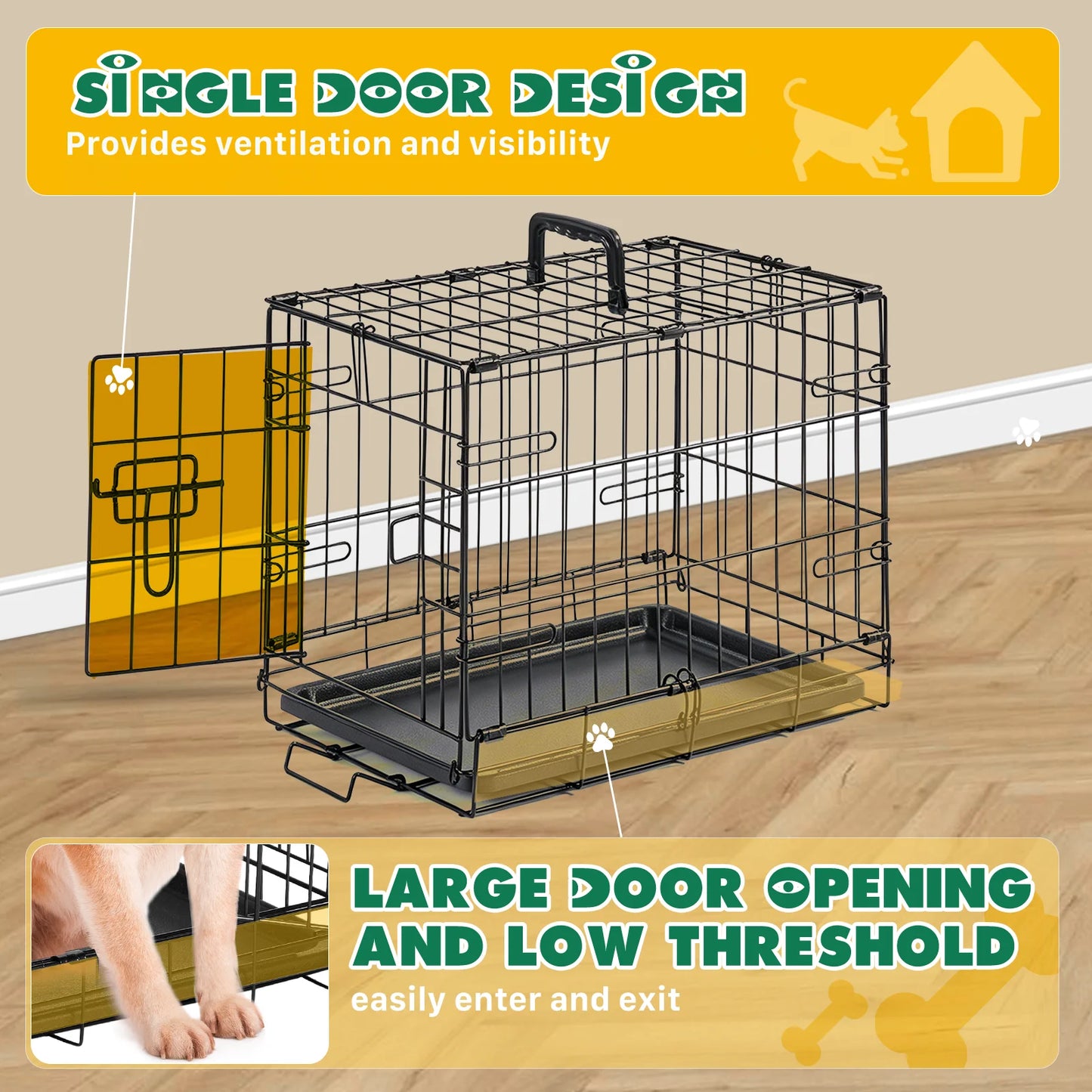 JHK Dog Crate With Secure Lock Foldable Removable Tray