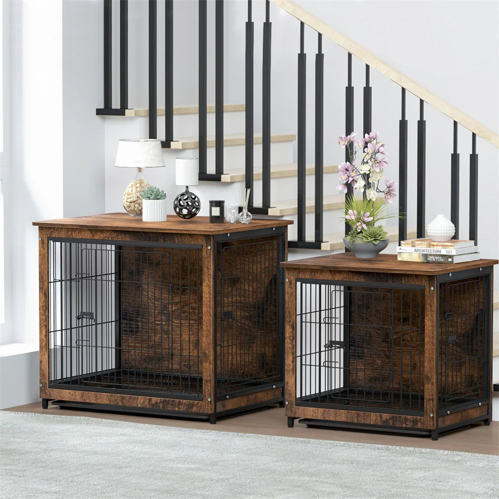 BORWART Elevated Wooden Dog Crate End Table With Double Door Removable Tray