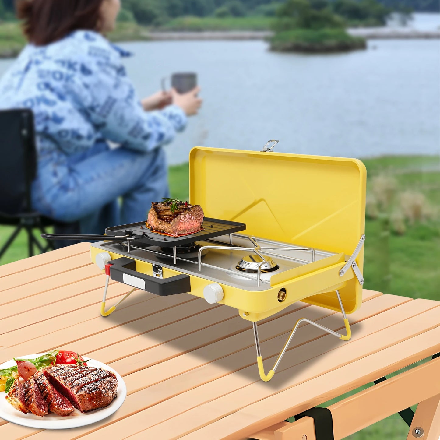 Portable Outdoor Gas Stove 2 Burner 3500W With Windshield Camping