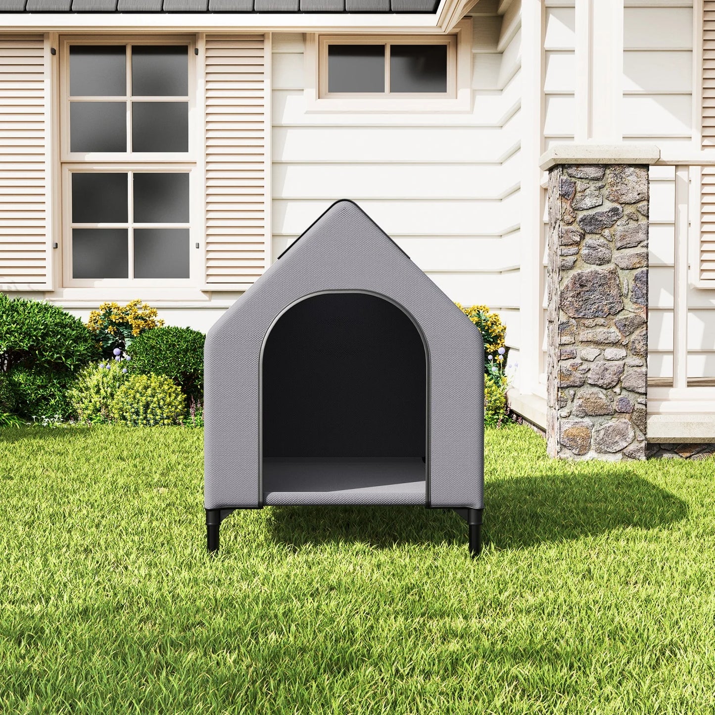 HiMISS Elevated Outdoor Dog House Weatherproof Kennel With Mesh Bed