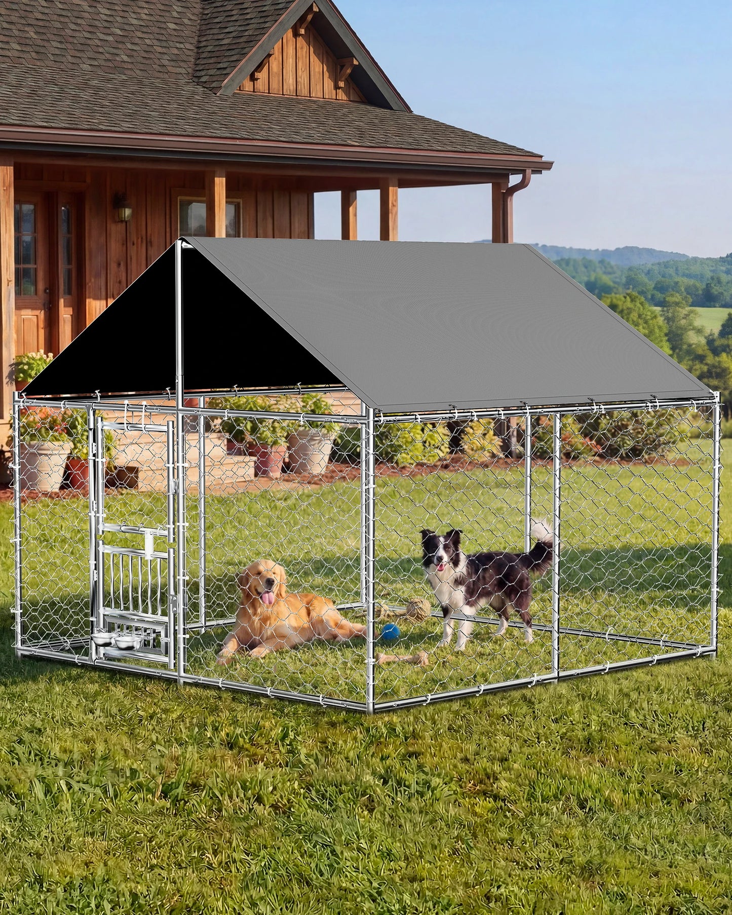 Outdoor Dog Kennel With Rotating Feeder Heavy Duty Roofed
