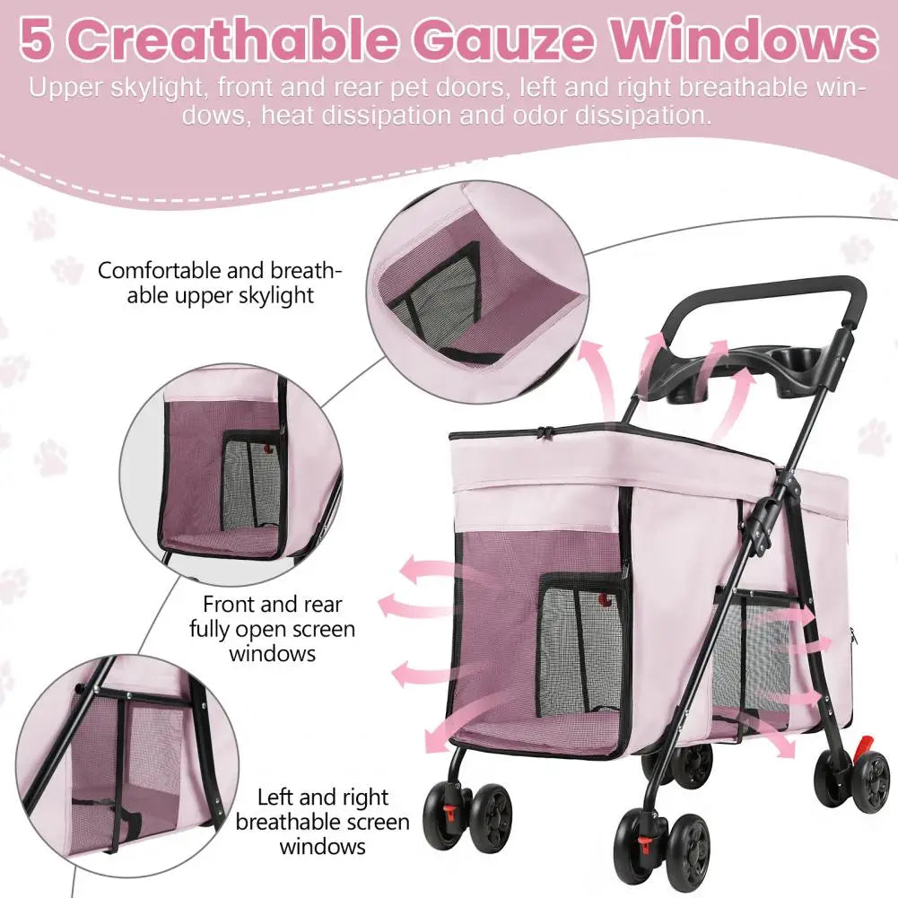 Foldable Dog Stroller With 360 Degree Wheels Five Ventilation Windows