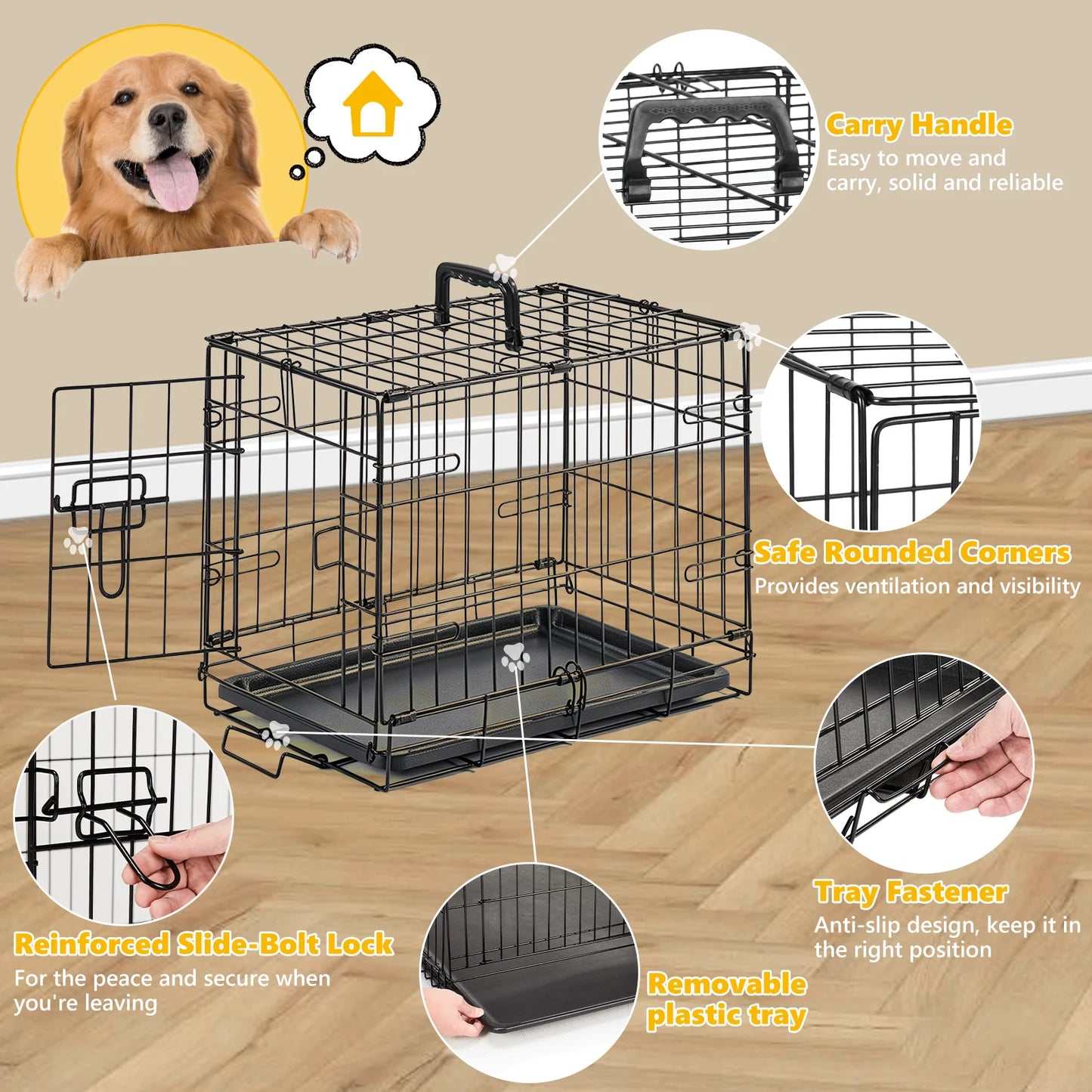 JHK Dog Crate With Secure Lock Foldable Removable Tray
