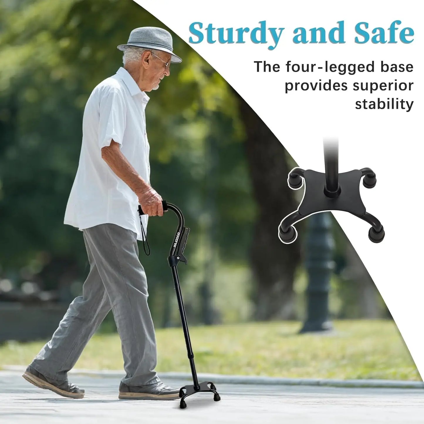 Quad Foldable Walking Cane With 4 Prong Base Adjustable Lightweight