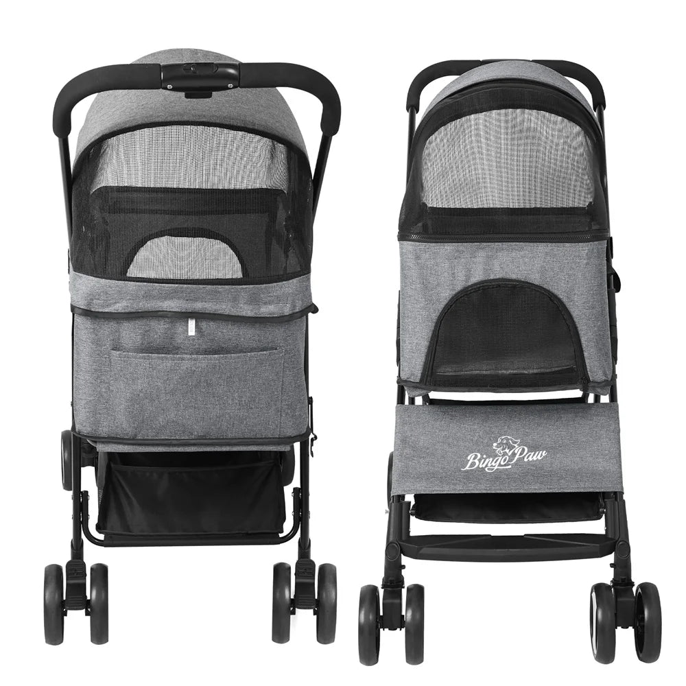 Foldable Pet Dog Stroller Carrier With 4 Wheels Rain Cover