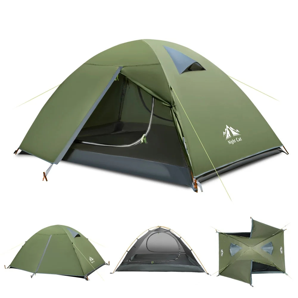 Night Cat 2 Person Backpacking Tent With Aluminum Poles Rainfly Waterproof