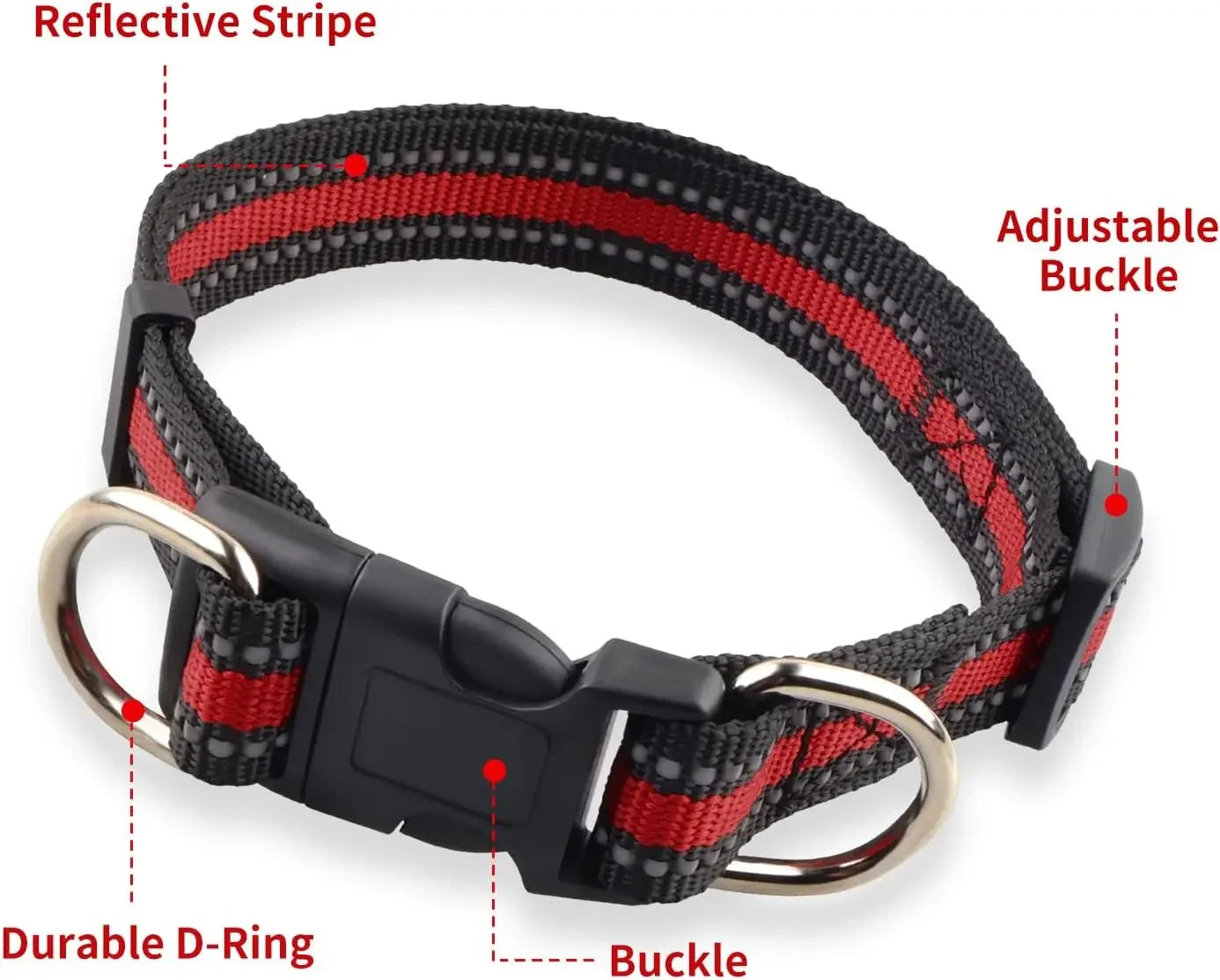Highly Reflective Adjustable Dog Collar With Dual Metal D Rings