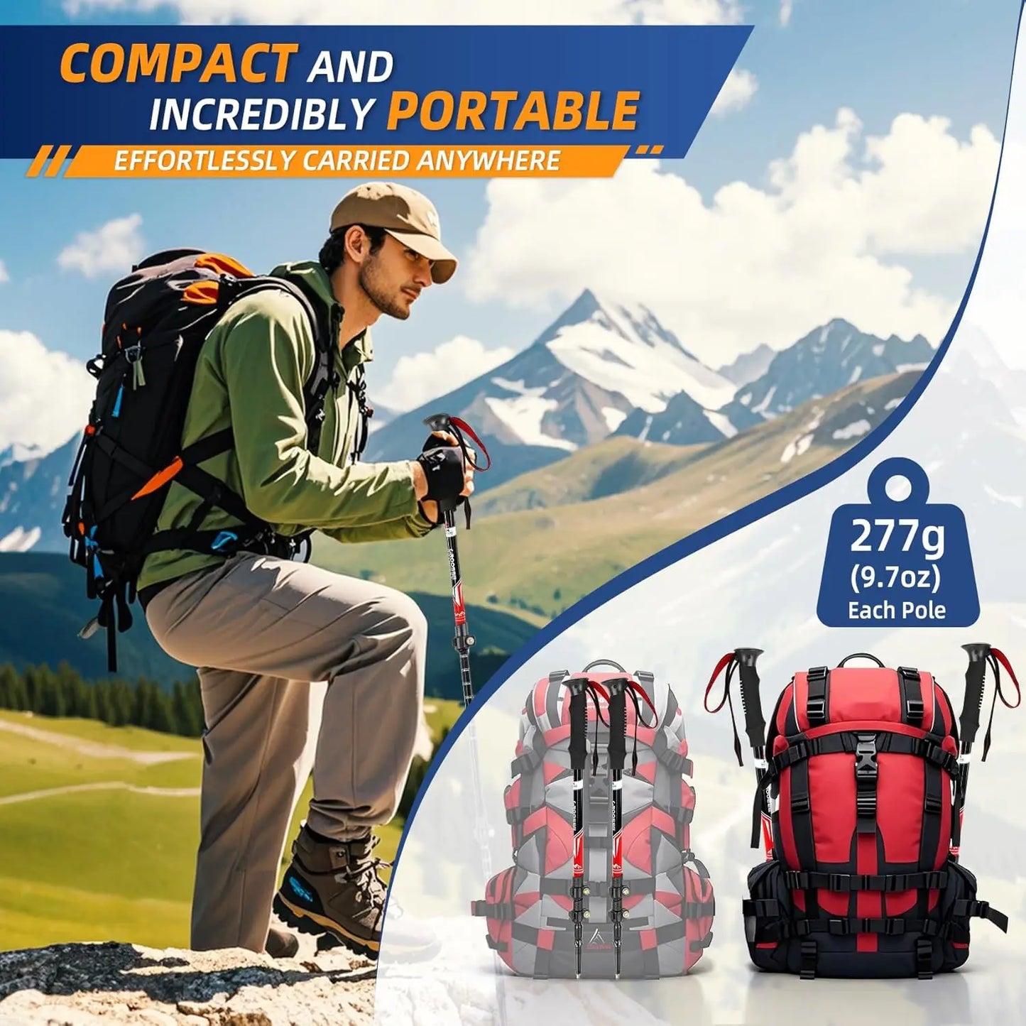 Lightweight Collapsible Trekking Poles 2 Pack Aluminum Hiking Poles