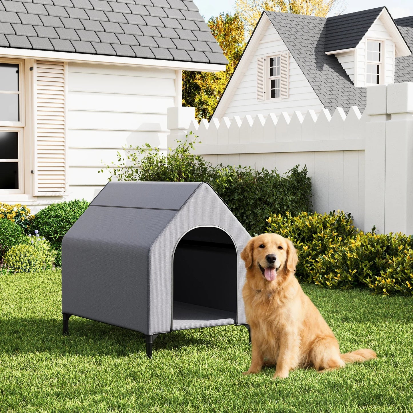 HiMISS Elevated Outdoor Dog House Weatherproof Kennel With Mesh Bed