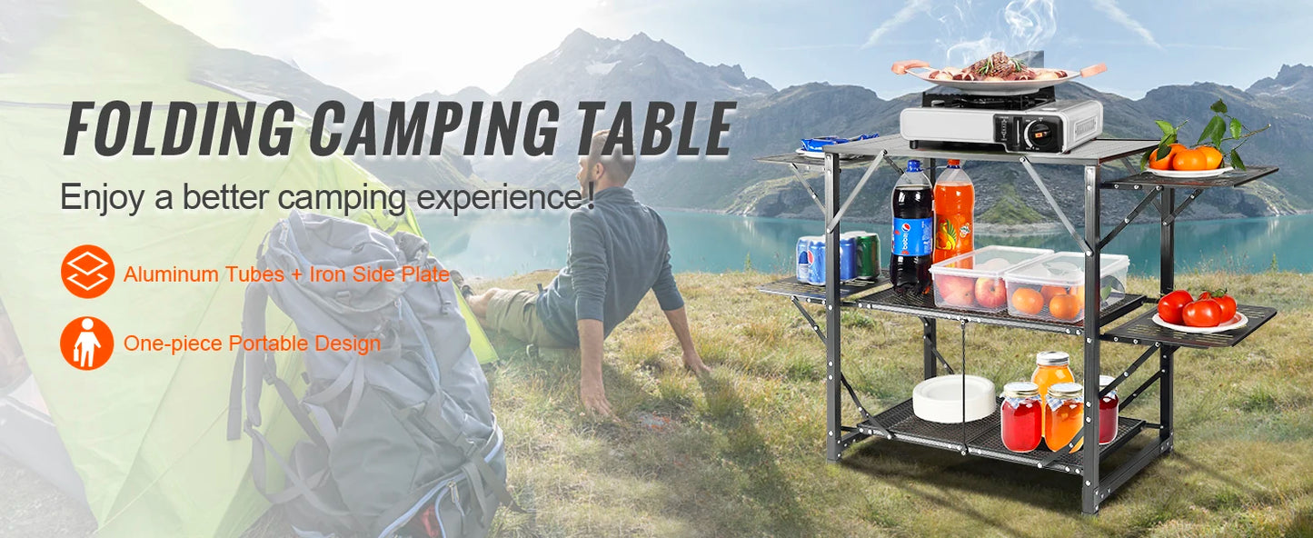 SucceBuy Camping Kitchen Table One-piece Folding Portable Cook Station Aluminum Camping Folding Table for Outdoor Picnics BBQ