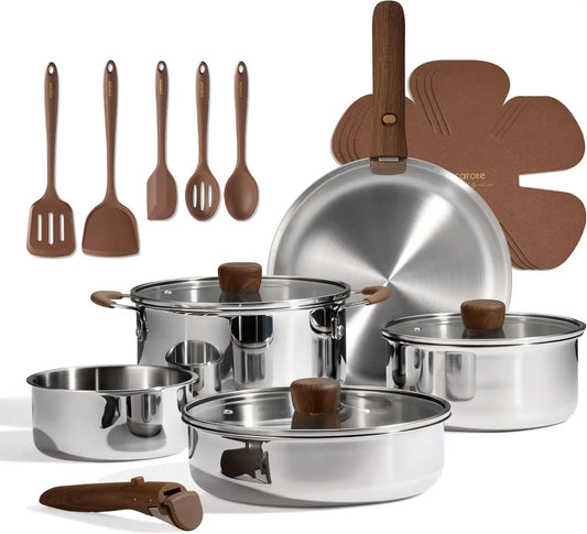 Stainless Steel 19pc Cookware Set With Detachable Handle Induction Compatible