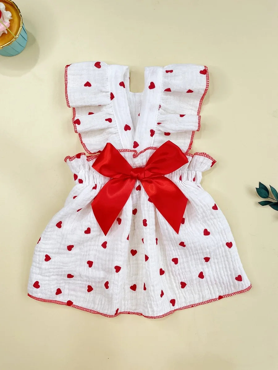 Valentines Day Heart Print Bow Decor Pet Dress For Dog