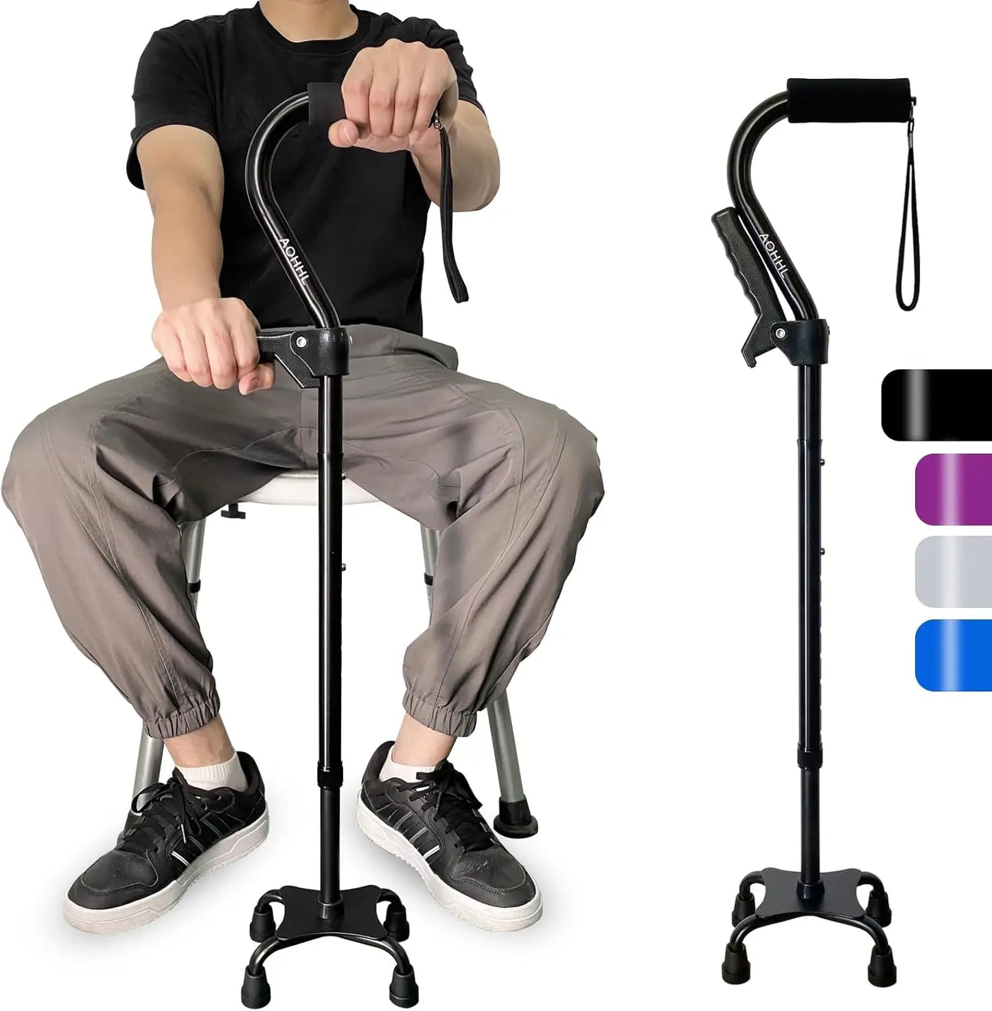 Quad Foldable Walking Cane With 4 Prong Base Adjustable Lightweight