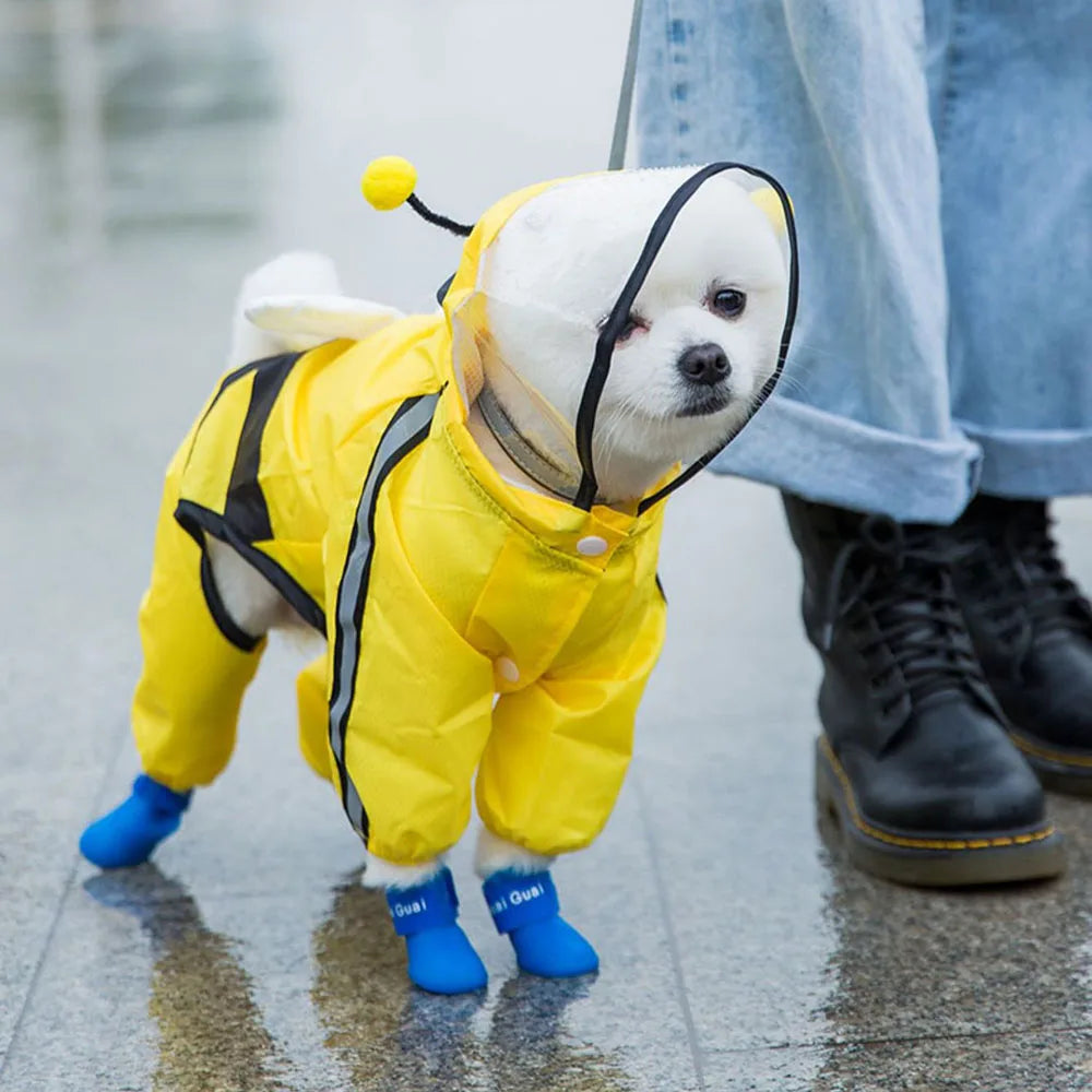 Cute Bear Shape Dog Raincoat With Hat And Reflective Strips