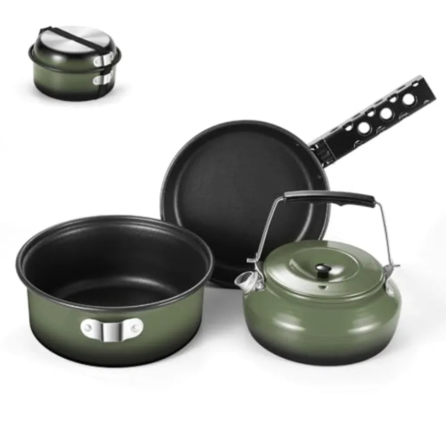 5 Piece Camping Cookware Set Nonstick Pot Pan With Kettle