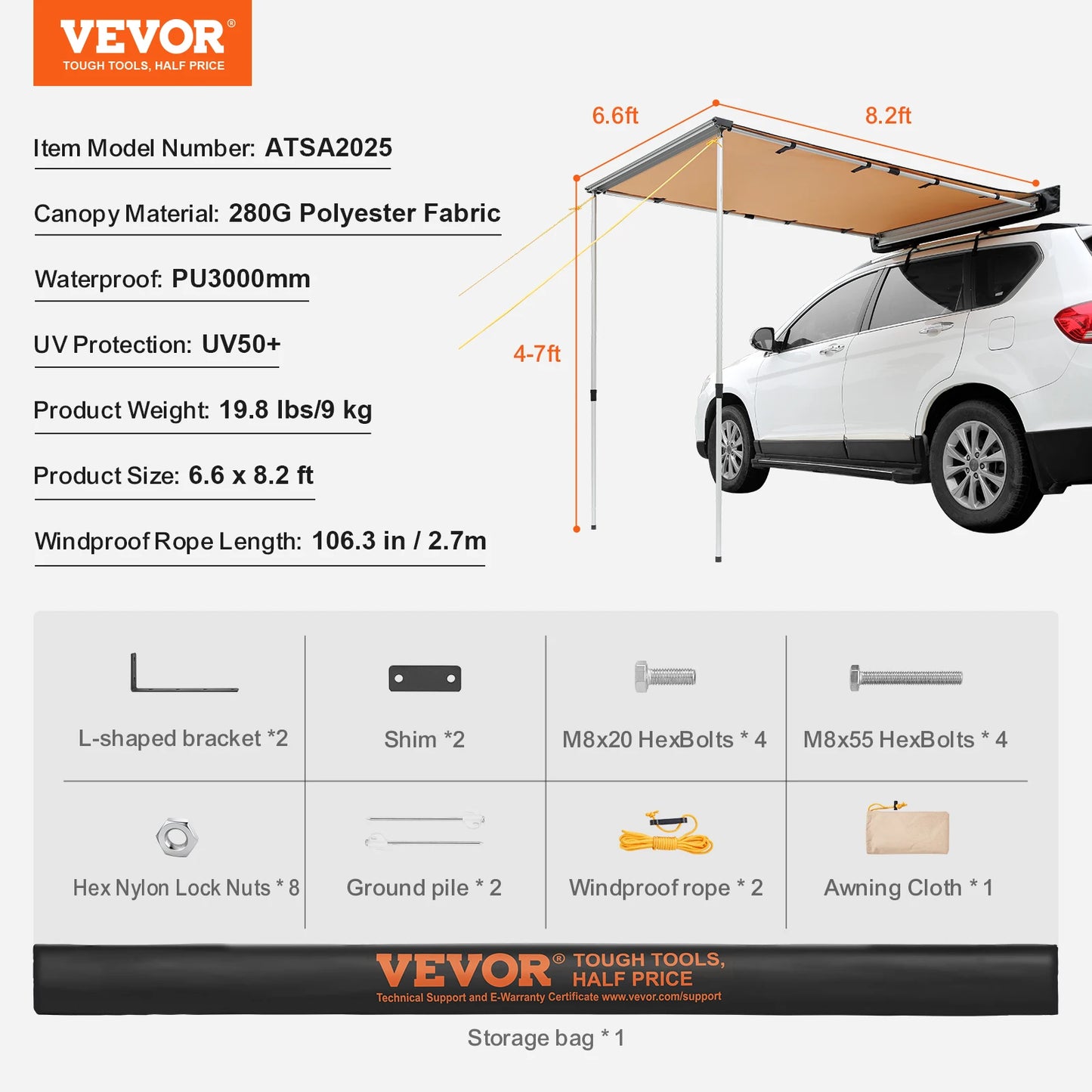 Vehicle Awning Retractable Car Side Awning With Waterproof Storage Bag