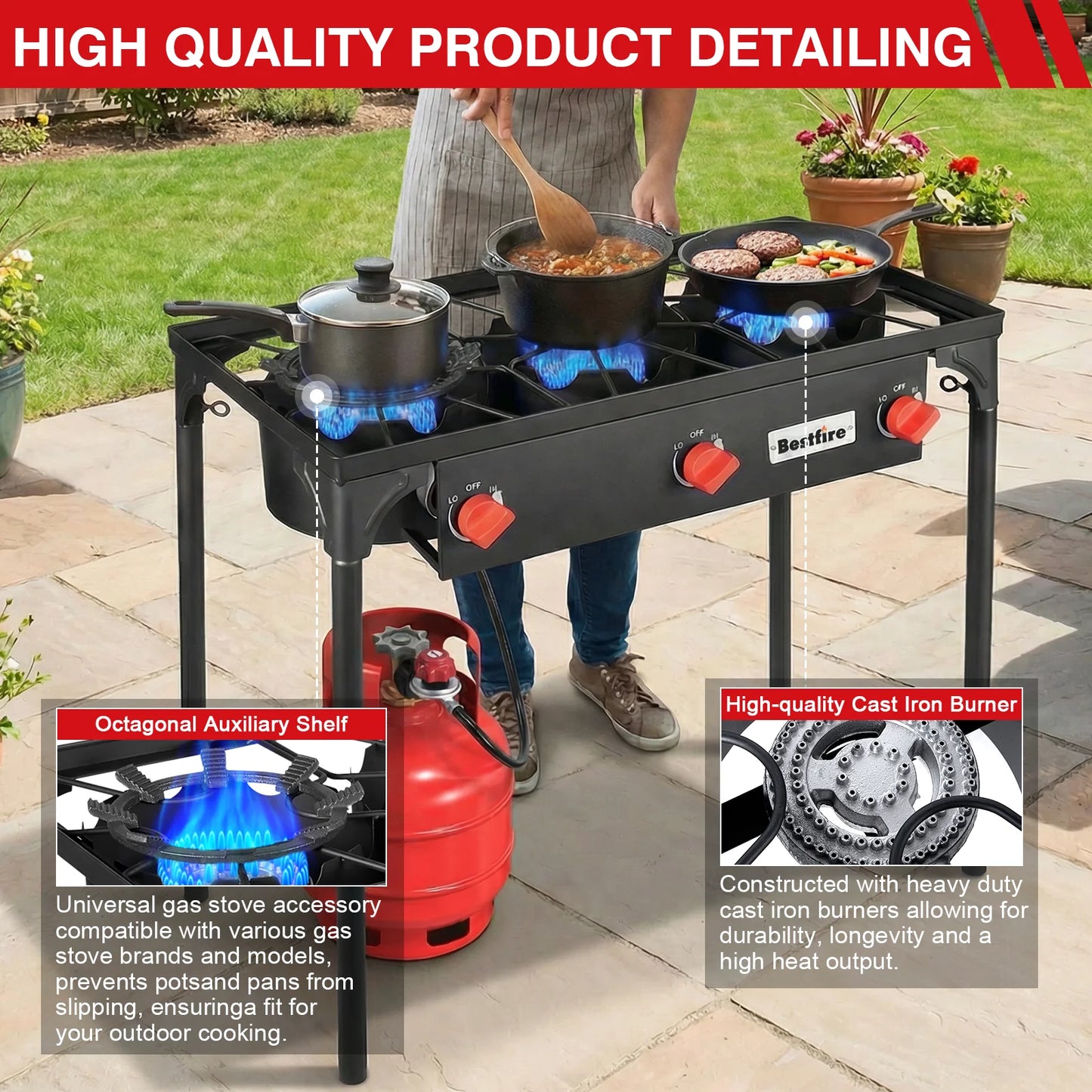 3 Burner Propane Camping Stove With Adjustable Regulator