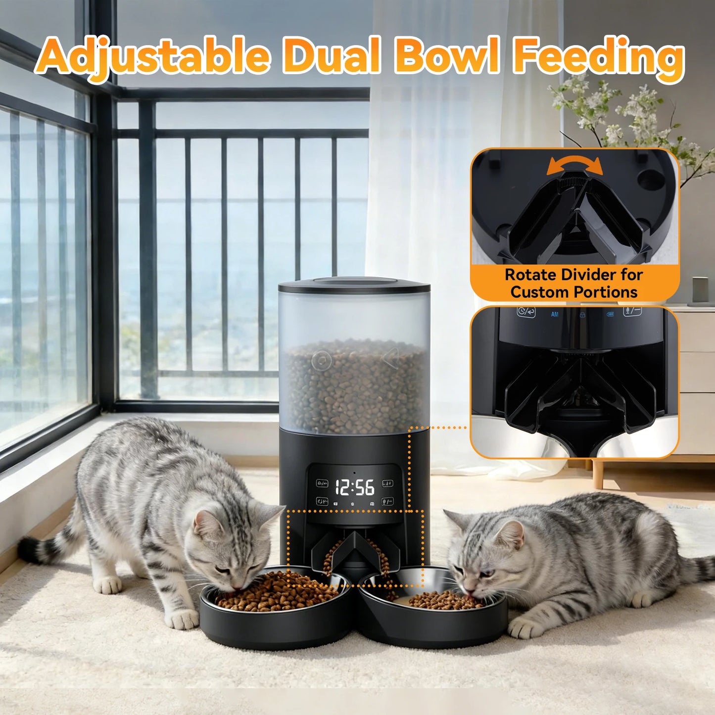 JHK 6L Timed Automatic Cat Feeder With Dual Stainless Bowls