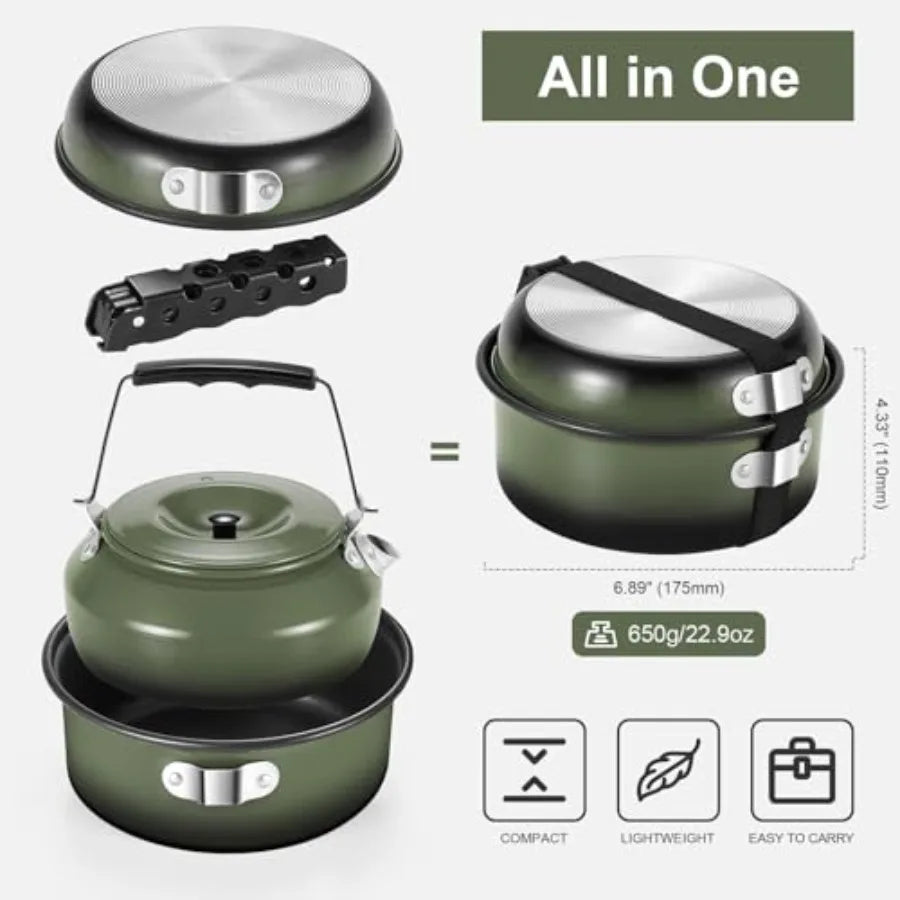 5 Piece Camping Cookware Set Nonstick Pot Pan With Kettle