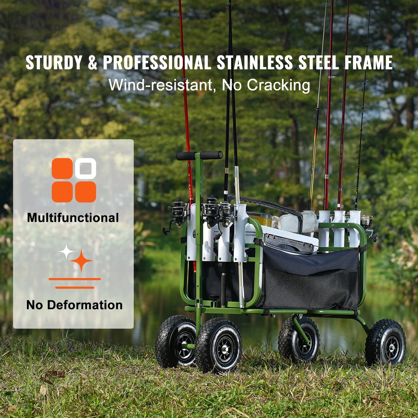 SucceBuy Beach Fishing Cart Foldable Wagon With 4 Wheels And 8 Rod Holders