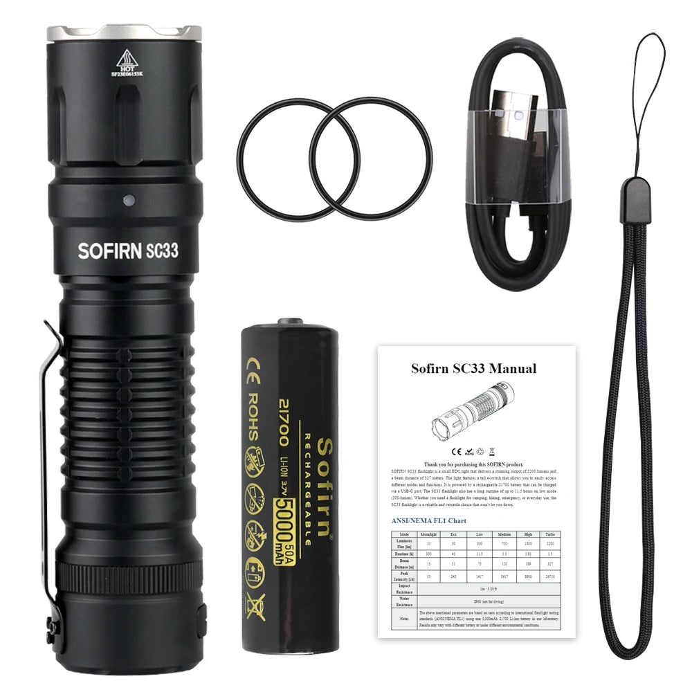 Sofirn SC33 XHP70.3 HI LED Flashlight 5200lm USB-C Rechargeable Torch