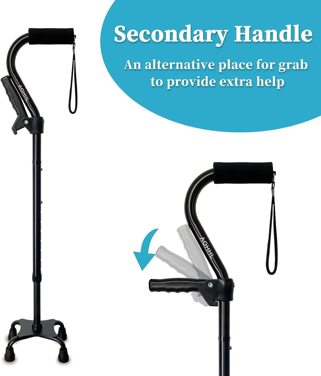 Quad Foldable Walking Cane With 4 Prong Base Adjustable Lightweight