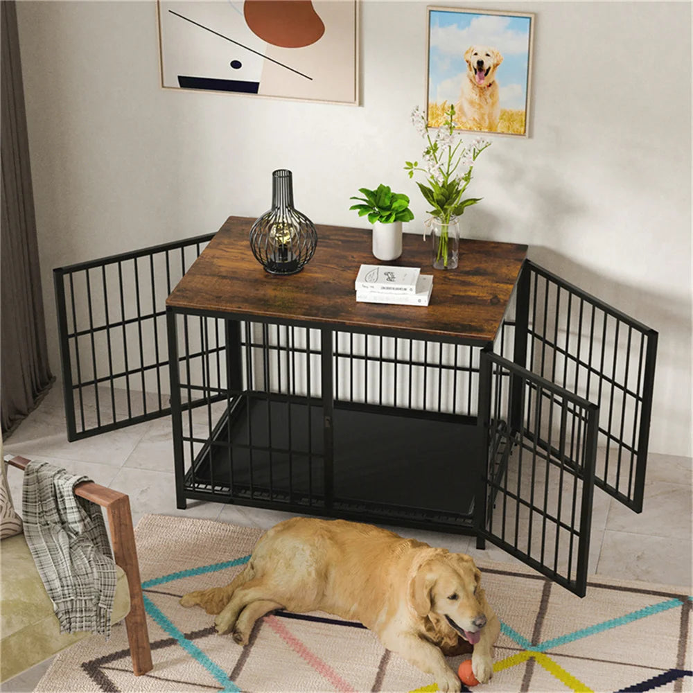 BORWART Wooden Dog Crate Indoor Elevated Kennel End Table With 3 Doors