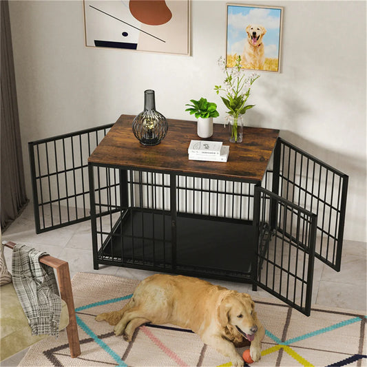 BORWART Wooden Dog Crate Indoor Elevated Kennel End Table With 3 Doors