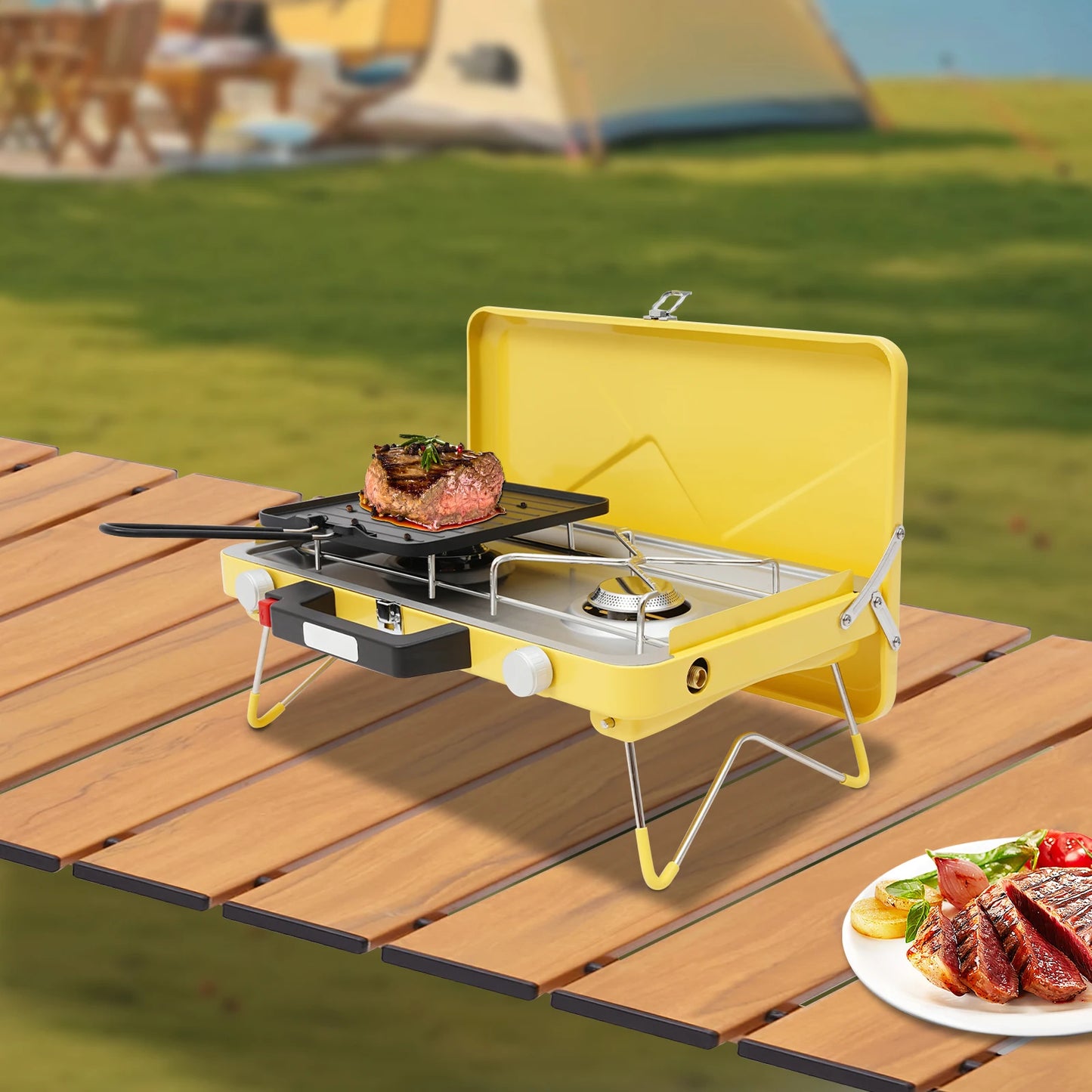 Portable Outdoor Gas Stove 2 Burner 3500W With Windshield Camping