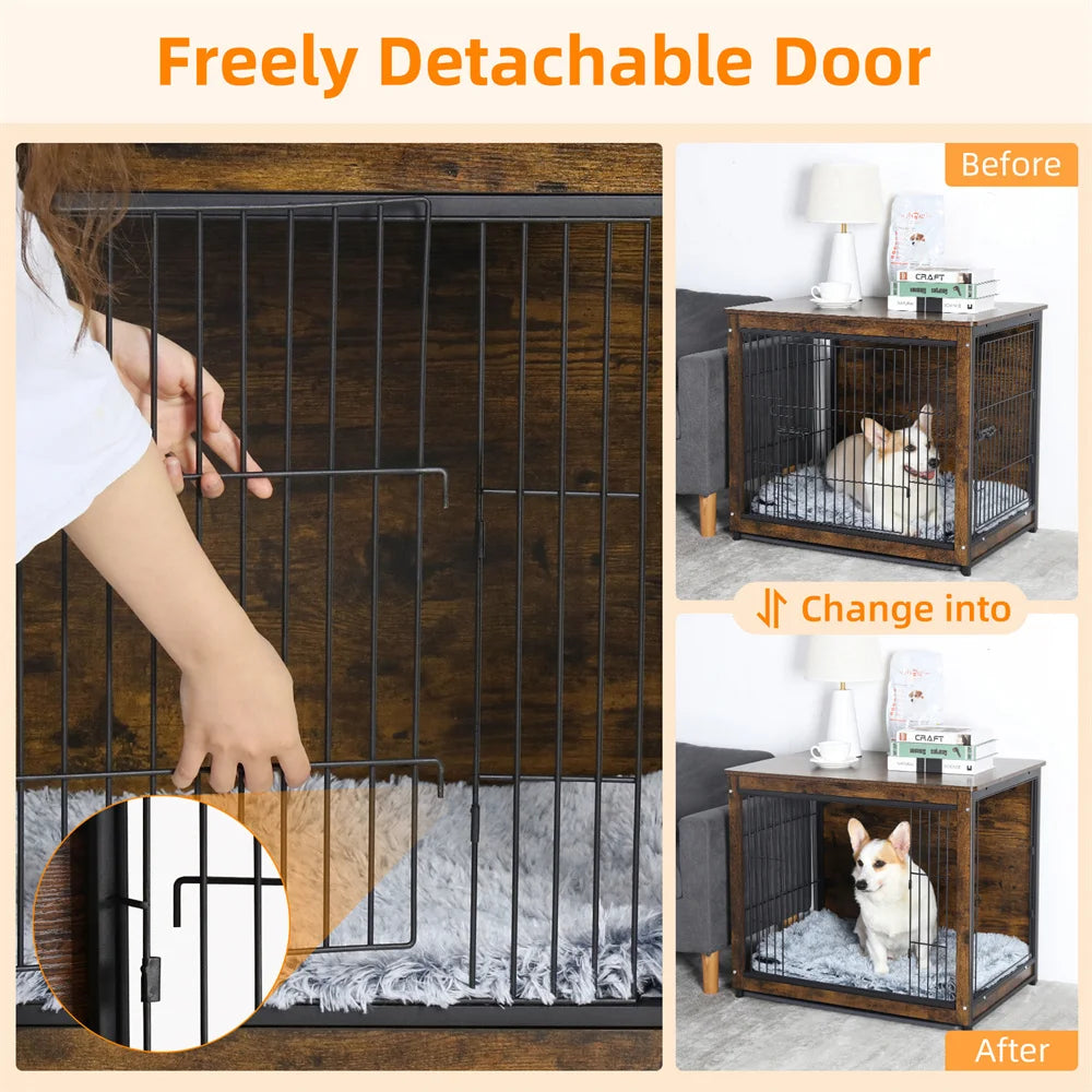 BORWART Elevated Wooden Dog Crate End Table With Double Door Removable Tray