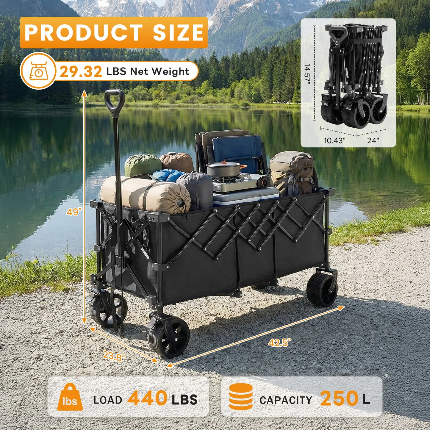 JHK Portable Extended Collapsible Wagon Cart 440lbs Heavy Duty Utility
